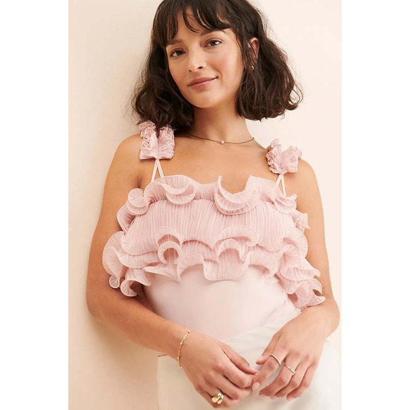 Free People Tops - Free People For The Frill Of It Bodysuit Pink‎ Ruffle Tulle Lace Size Medium